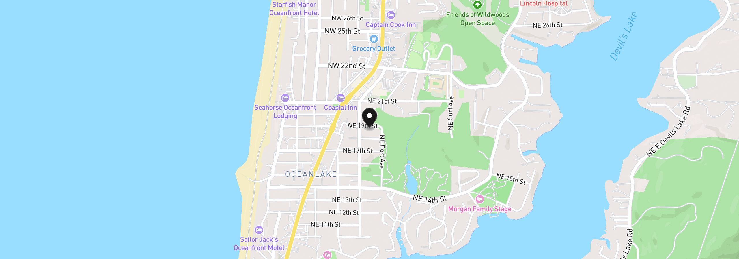 Map showing the location of 1842 NE 19th St, Lincoln City, OR 97367