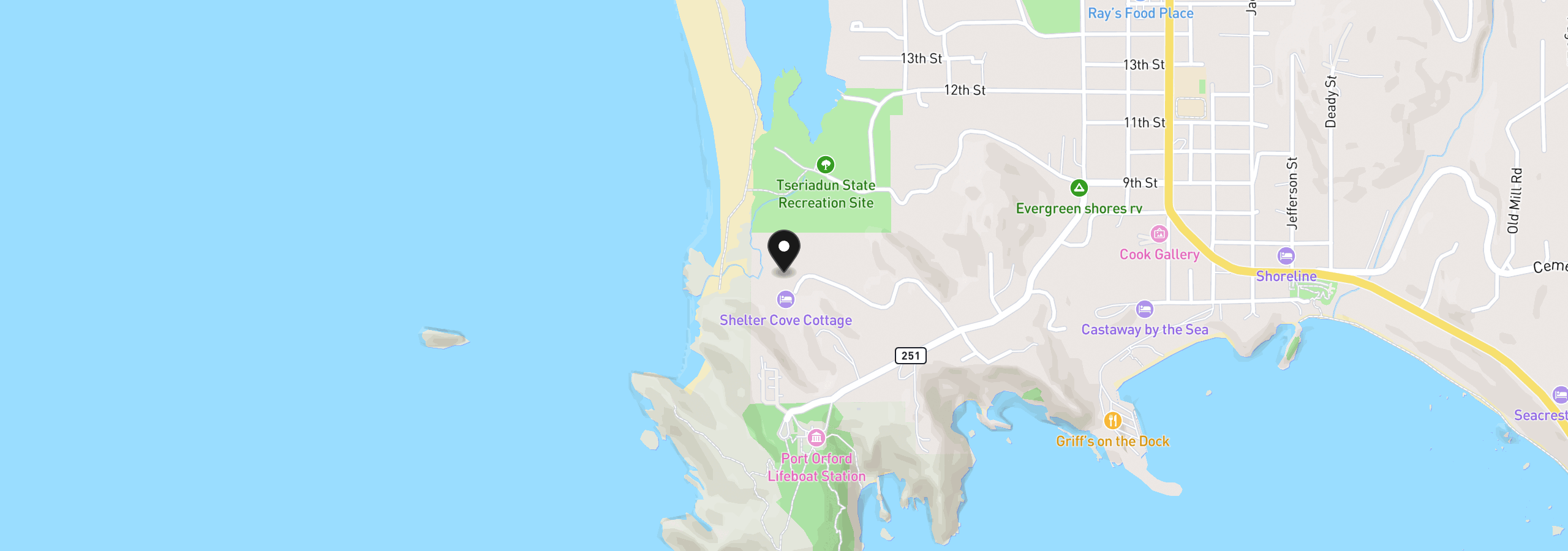 Map showing the location of 805 King St, Port Orford, OR 97465