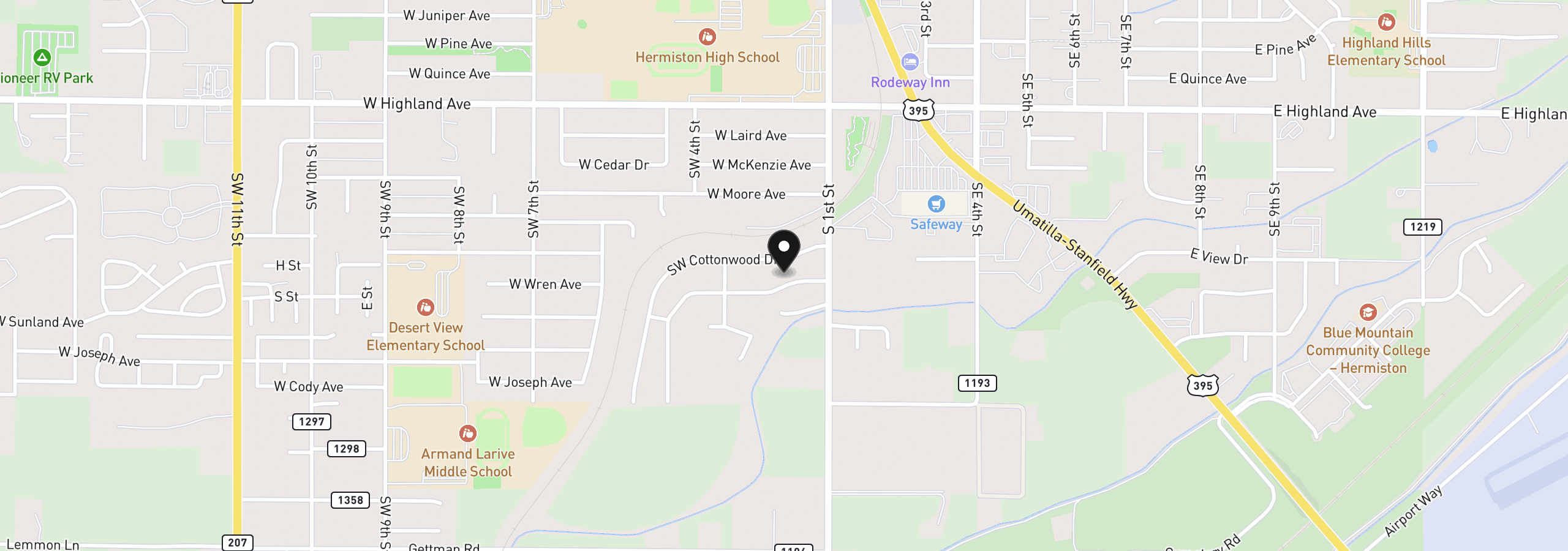 Map showing the location of 114 SW Desert Sky Dr, Hermiston, OR 97838