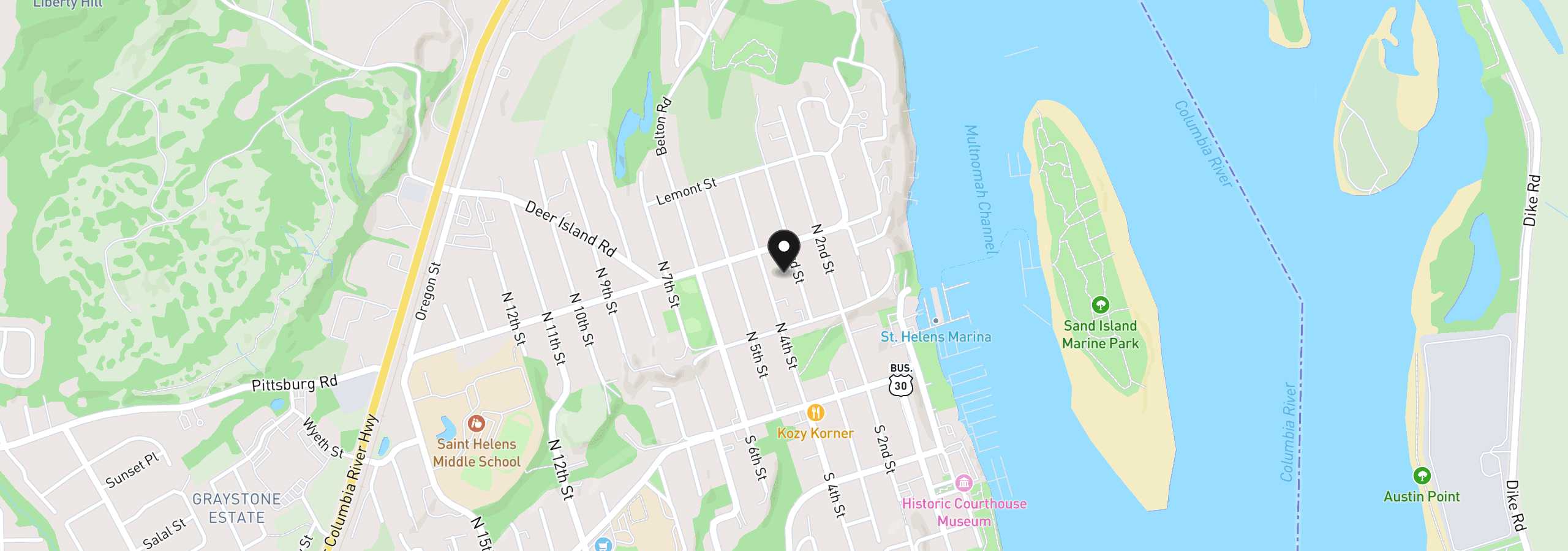 Map showing the location of 274 N 4th St, St. Helens, OR 97051