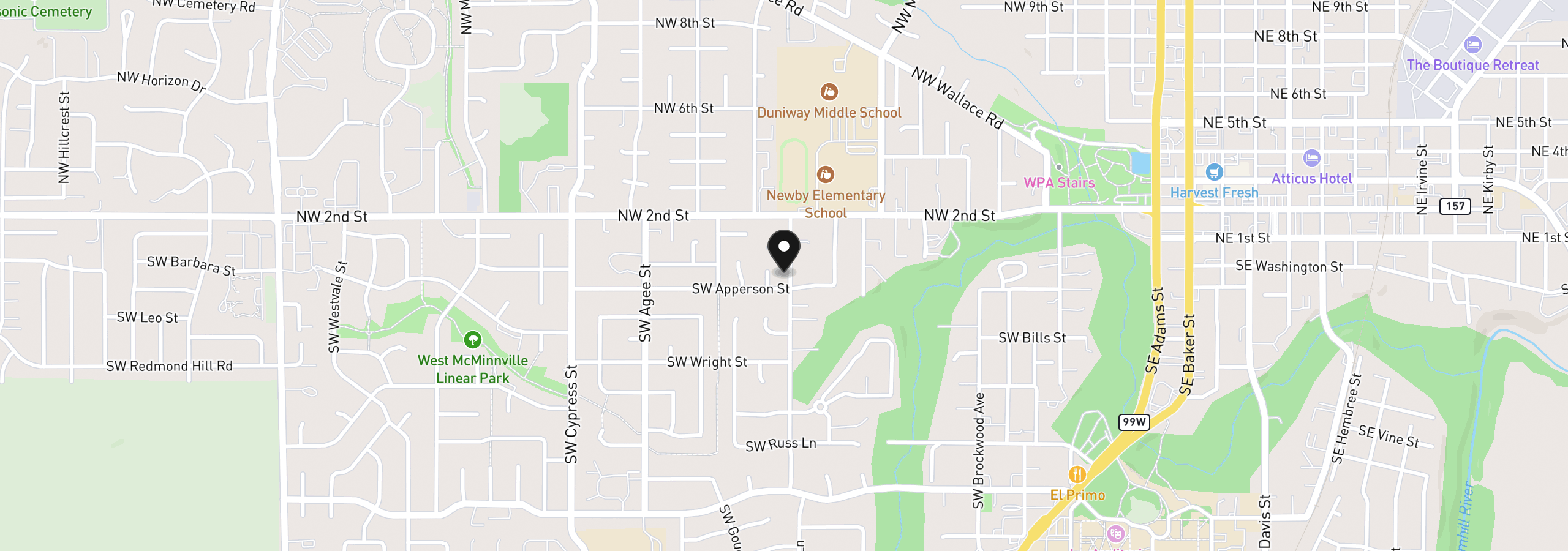 Map showing the location of 225 SW Fleishauer Ln, McMinnville, OR 97128