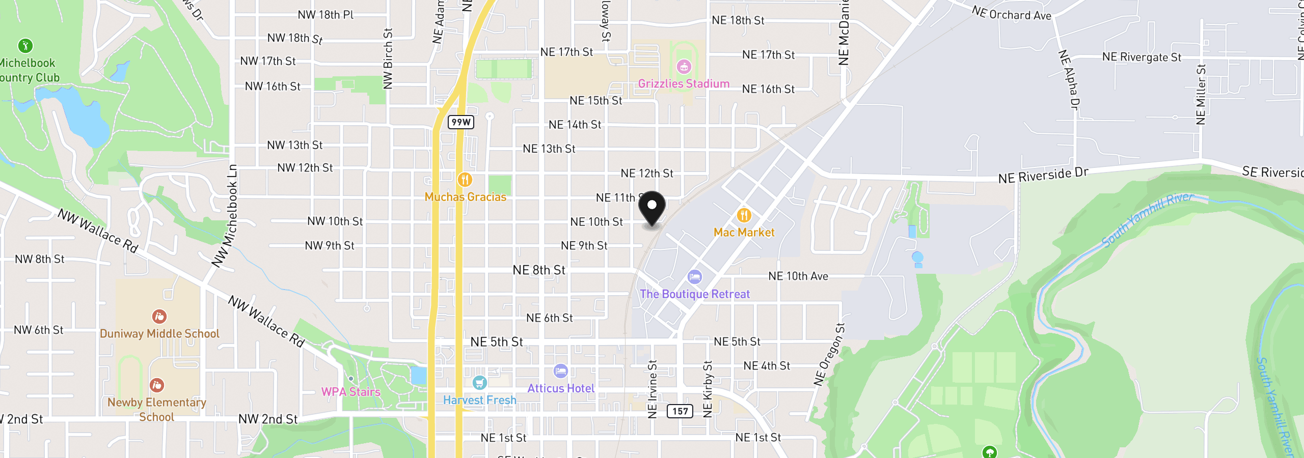 Map showing the location of NE 10th and Irvine St NE, McMinnville, OR 97128