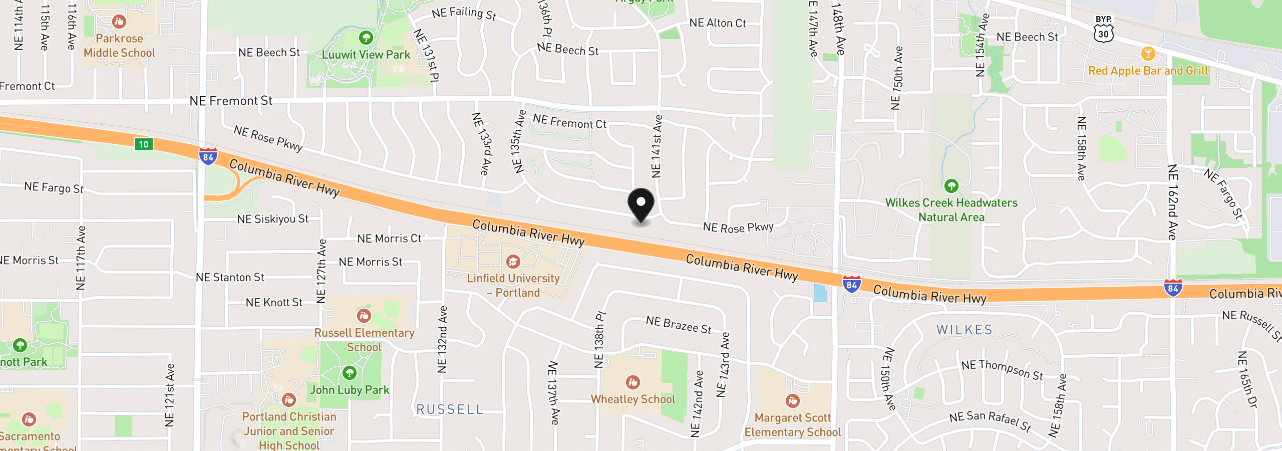 Map showing the location of 14014 NE Rose Pkwy, Portland, OR 97230