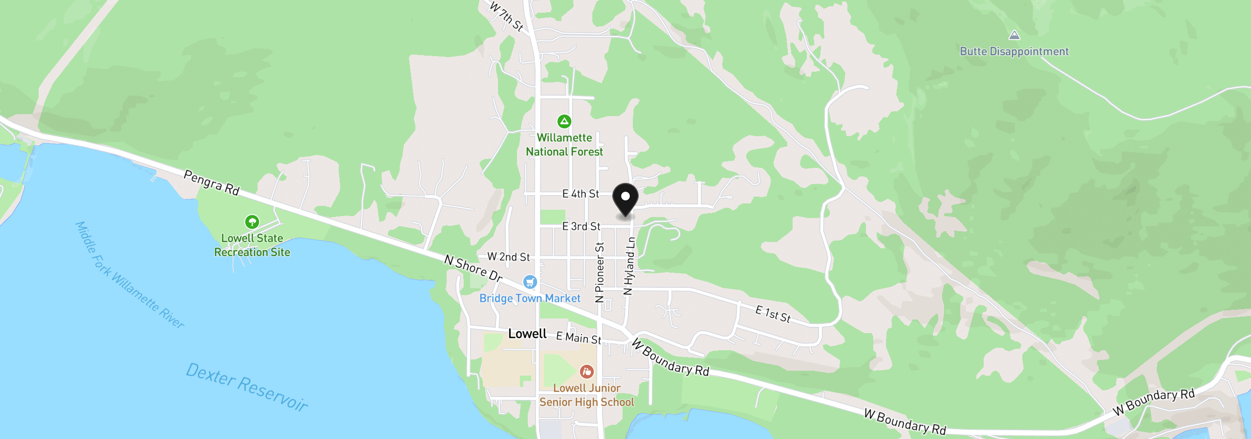 Map showing the location of 287 E 3rd St, Lowell, OR 97452