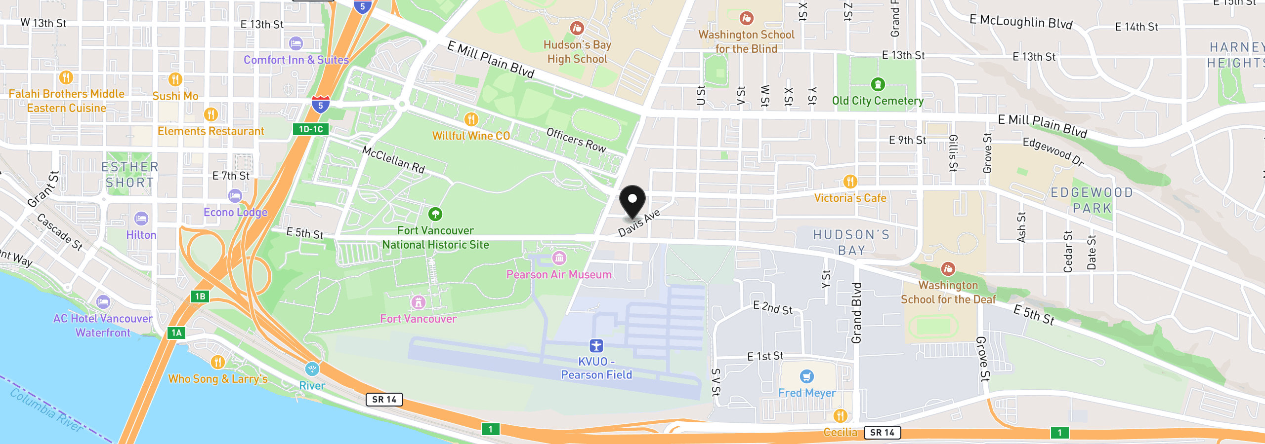 Map showing the location of 1803 E 6th St, Vancouver, Wa 98661