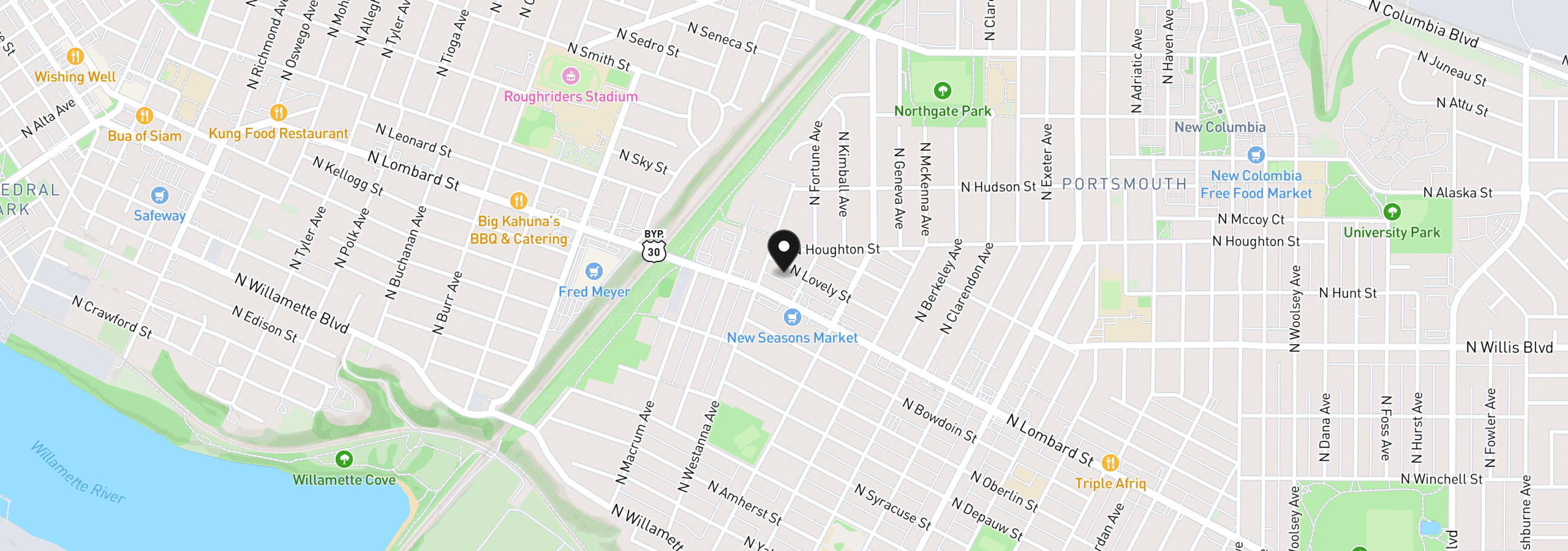 Map showing the location of 6330 N Lovely St, Portland, OR 97203