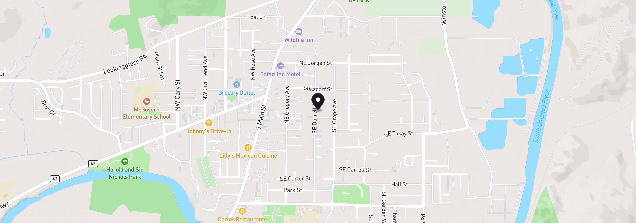 Map showing the location of 90 SE Darrell Ave, Winston, OR 97496
