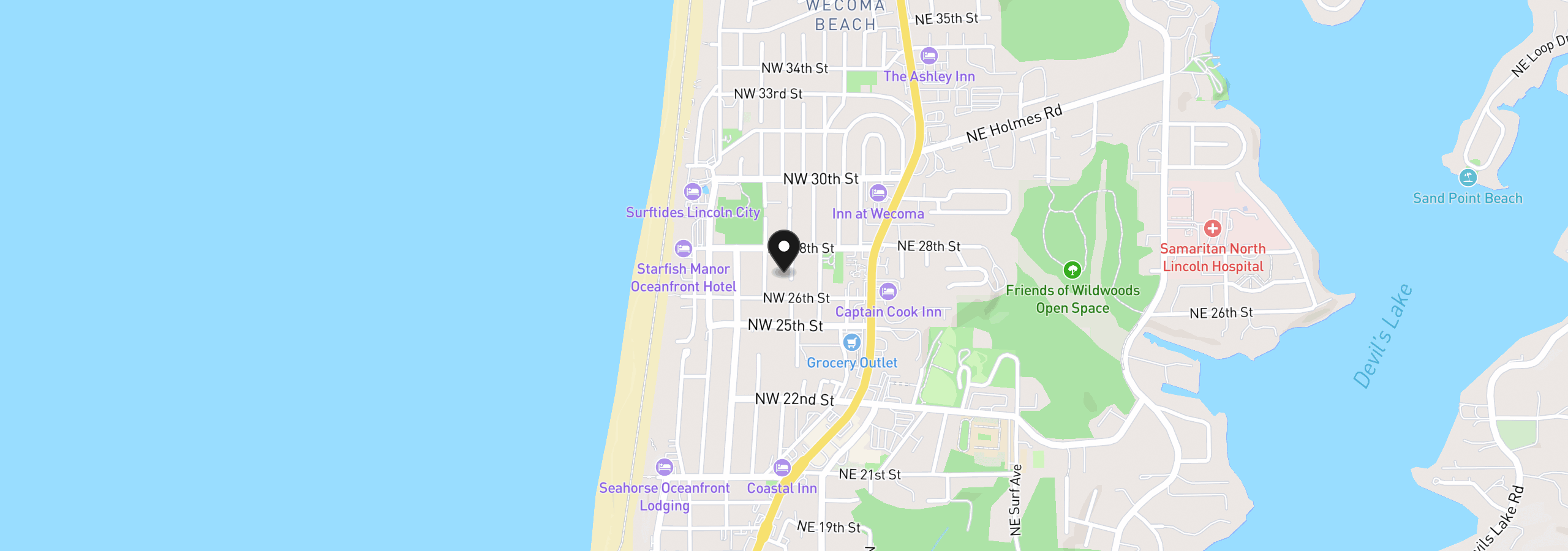 Map showing the location of 2681 NW Mast Ave, Lincoln City, OR 97367