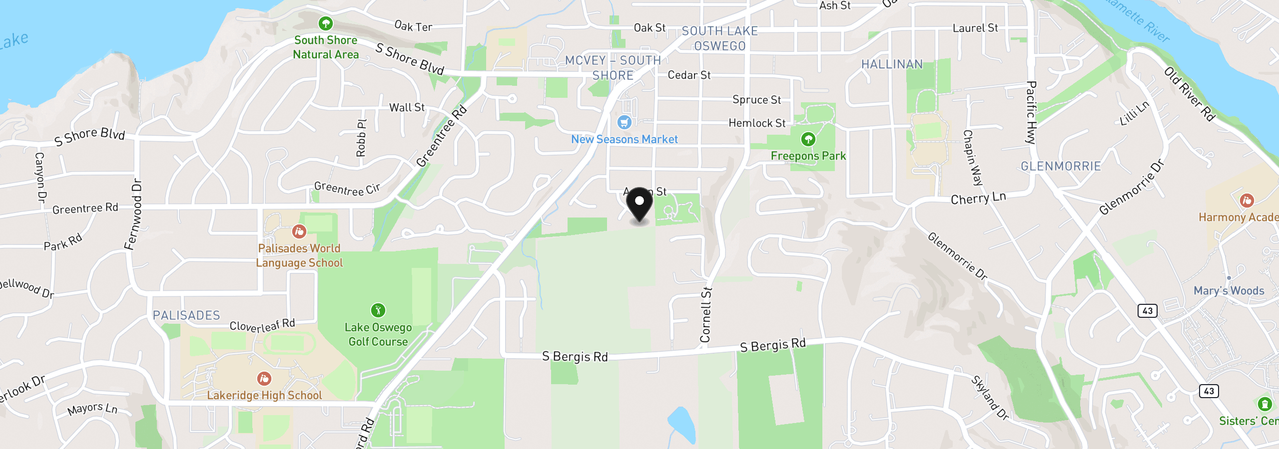 Map showing the location of 1674 Fircrest Dr, Lake Oswego, OR 97034