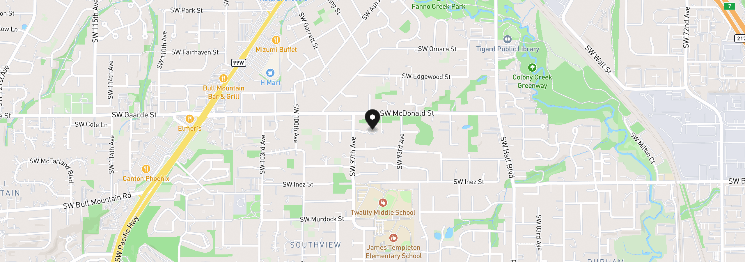 Map showing the location of 9515 SW Elrose St, Portland, OR 97224