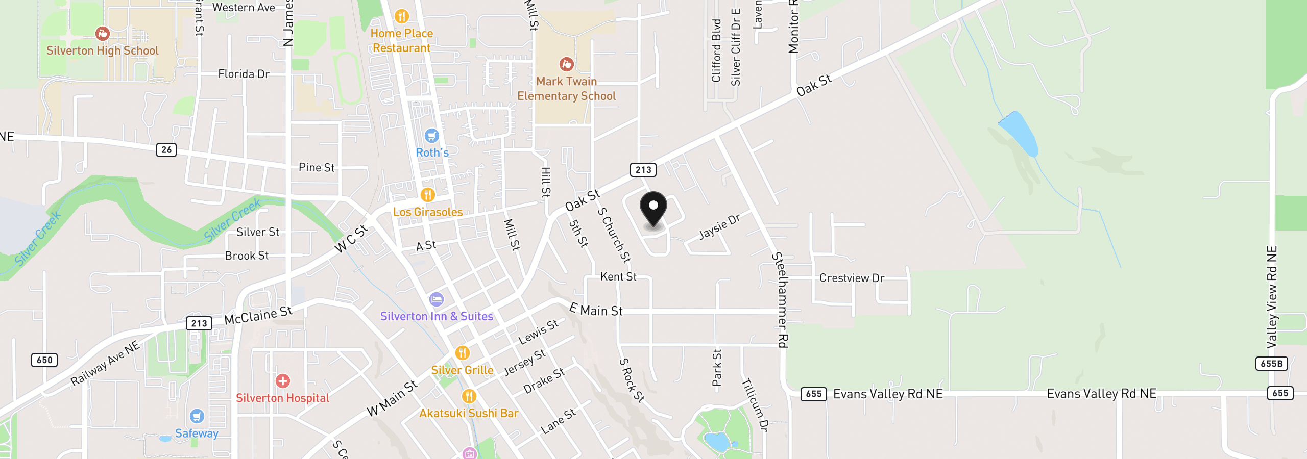 Map showing the location of 38 Sweden Cir, Silverton, OR 97381