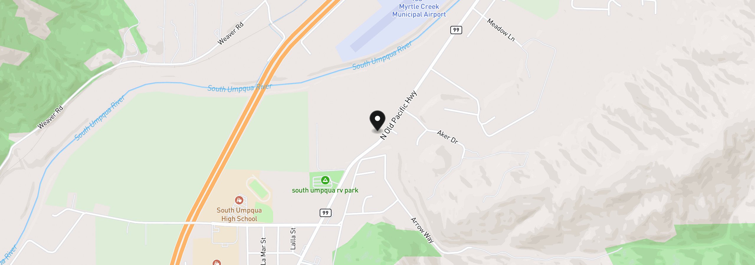 Map showing the location of 309 N Old Pacific Hwy, Myrtle Creek, OR 97457