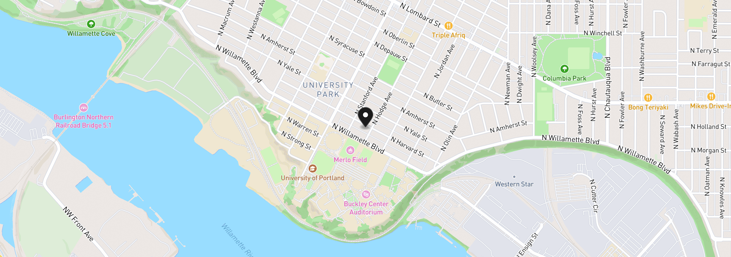 Map showing the location of 5204 N Harvard St, Portland, OR 97203
