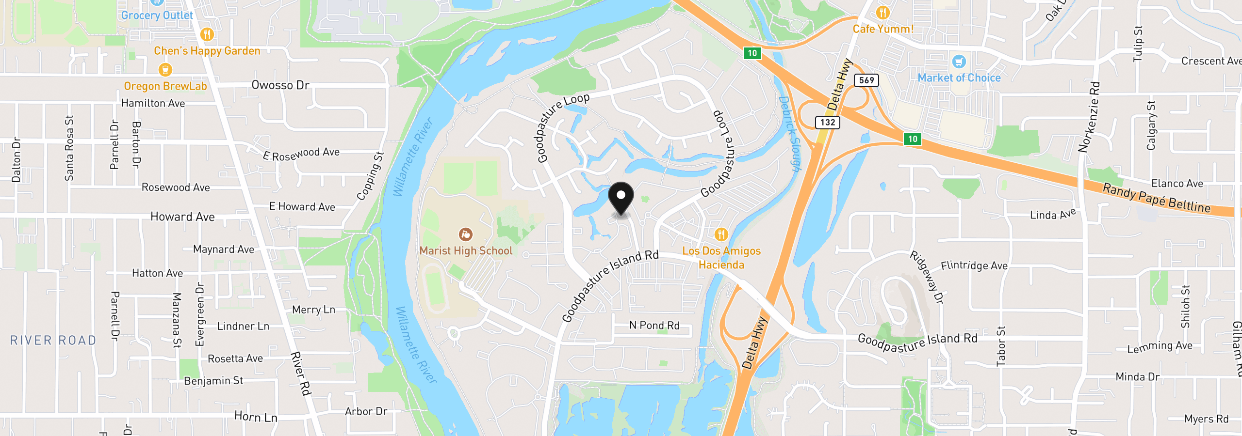 Map showing the location of 2083 Lake Isle Dr, Eugene, OR 97401