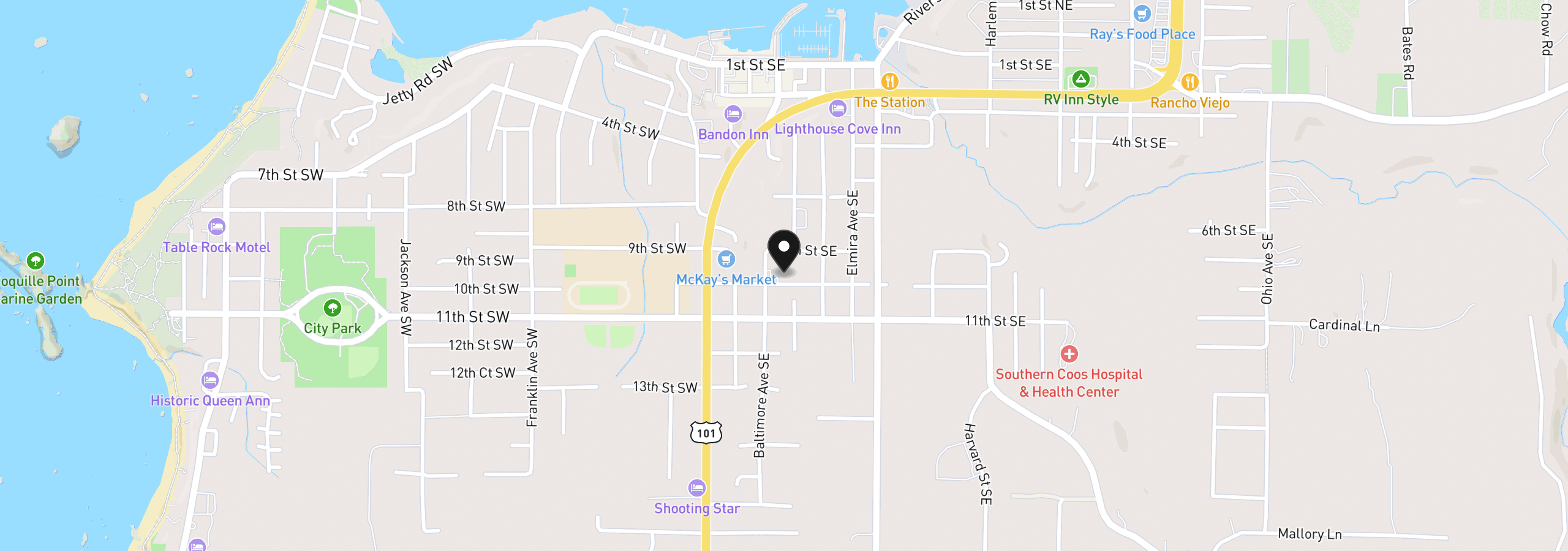 Map showing the location of 277 10th St SE, Bandon, OR 97411