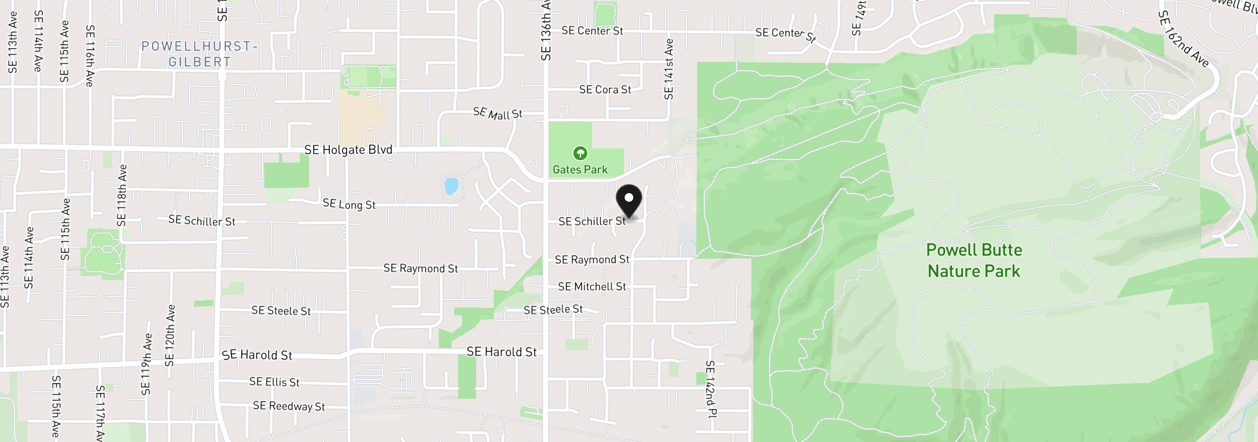 Map showing the location of SE Nwc Schiller SE 140 Ave, Portland, OR 97236