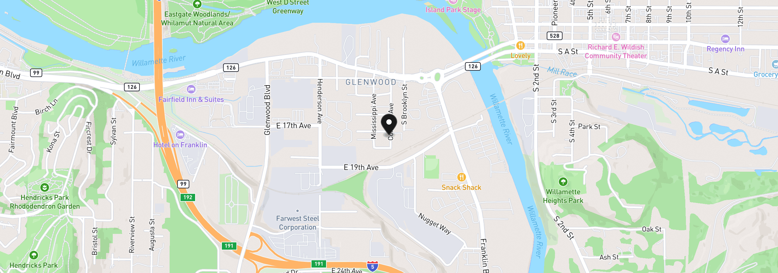 Map showing the location of 4095 E 17th Ave, Eugene, OR 97403