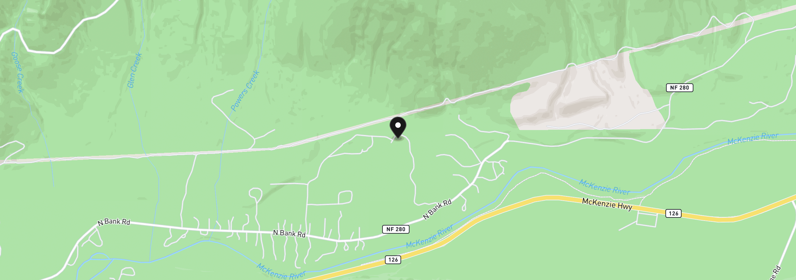 Map showing the location of 57255 N Bank Rd, McKenzie Bridge, OR 97413