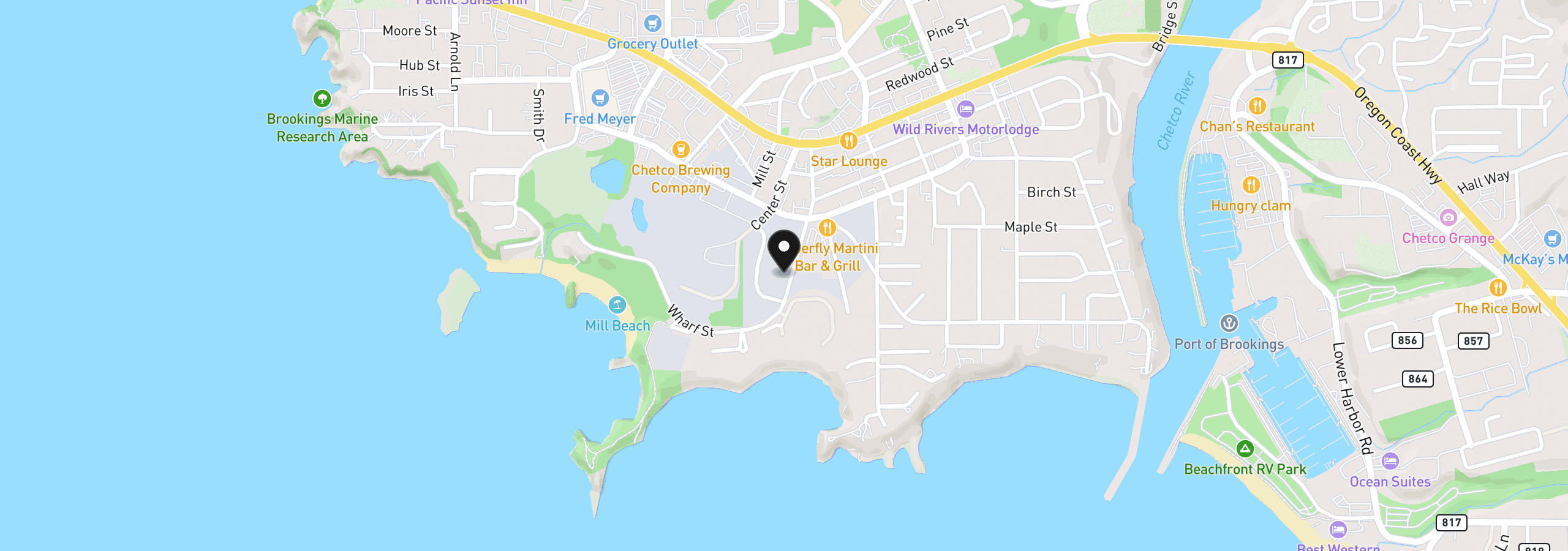 Map showing the location of 231 Wharf St, Brookings, OR 97415
