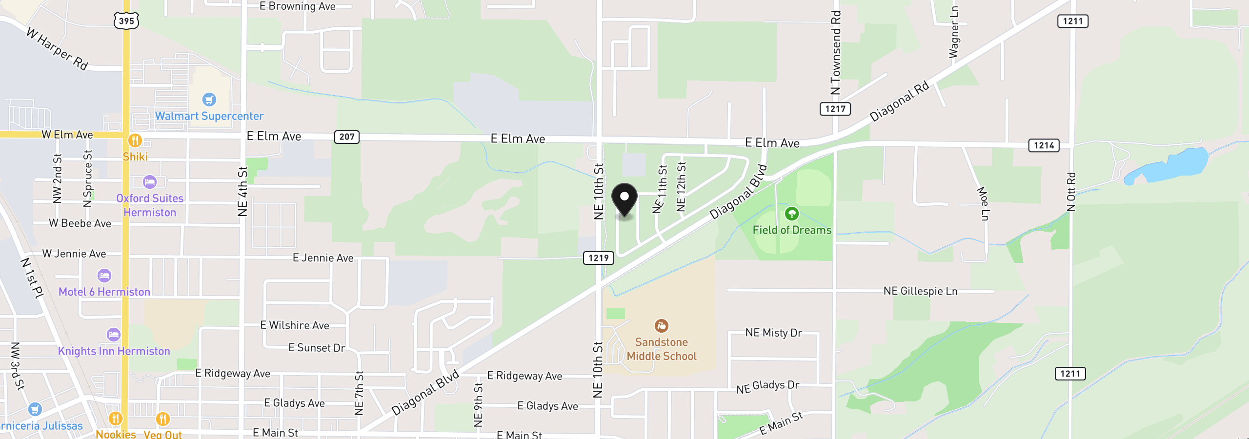 Map showing the location of 1044 NE Emerald Dr, Hermiston, OR 97838