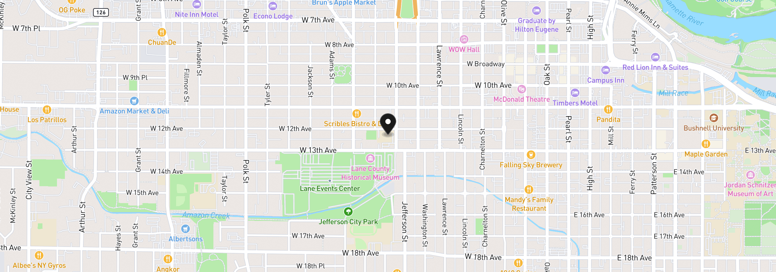 Map showing the location of 650 W 12th Ave 223, Eugene, OR 97402