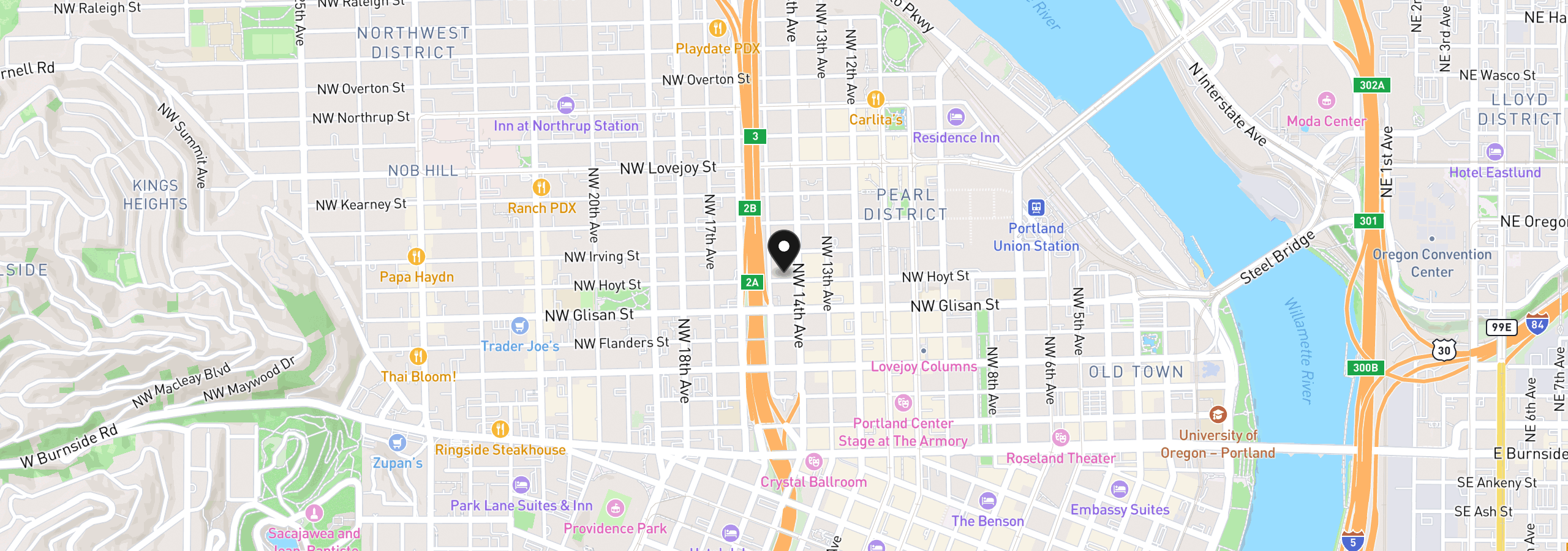 Map showing the location of 1400 NW Irving St 402, Portland, OR 97209