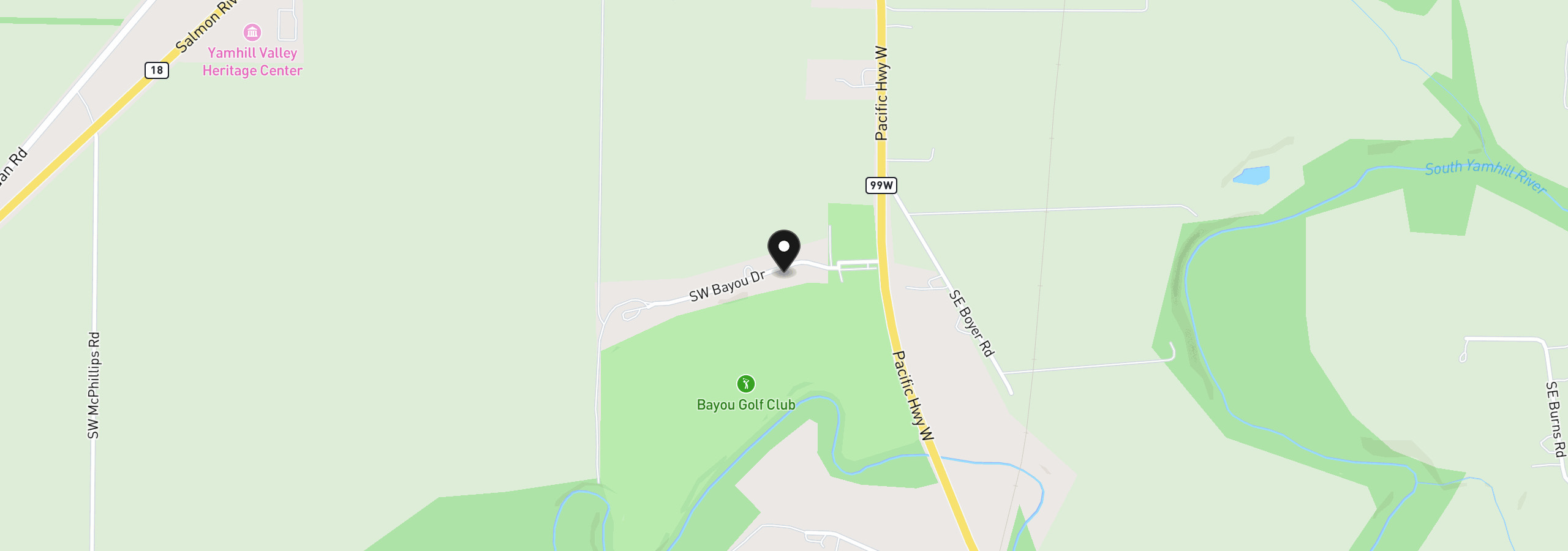 Map showing the location of 9595 SW Bayou Dr, McMinnville, OR 97128