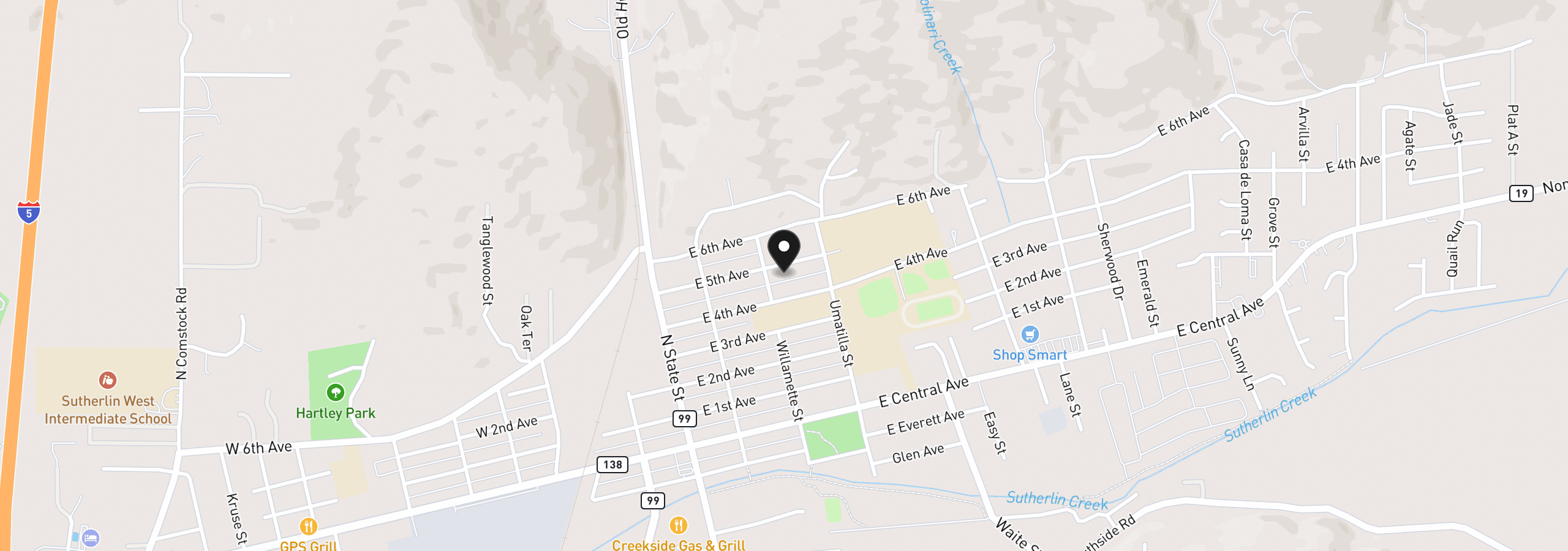 Map showing the location of 328 E Fifth Ave, Sutherlin, OR 97479