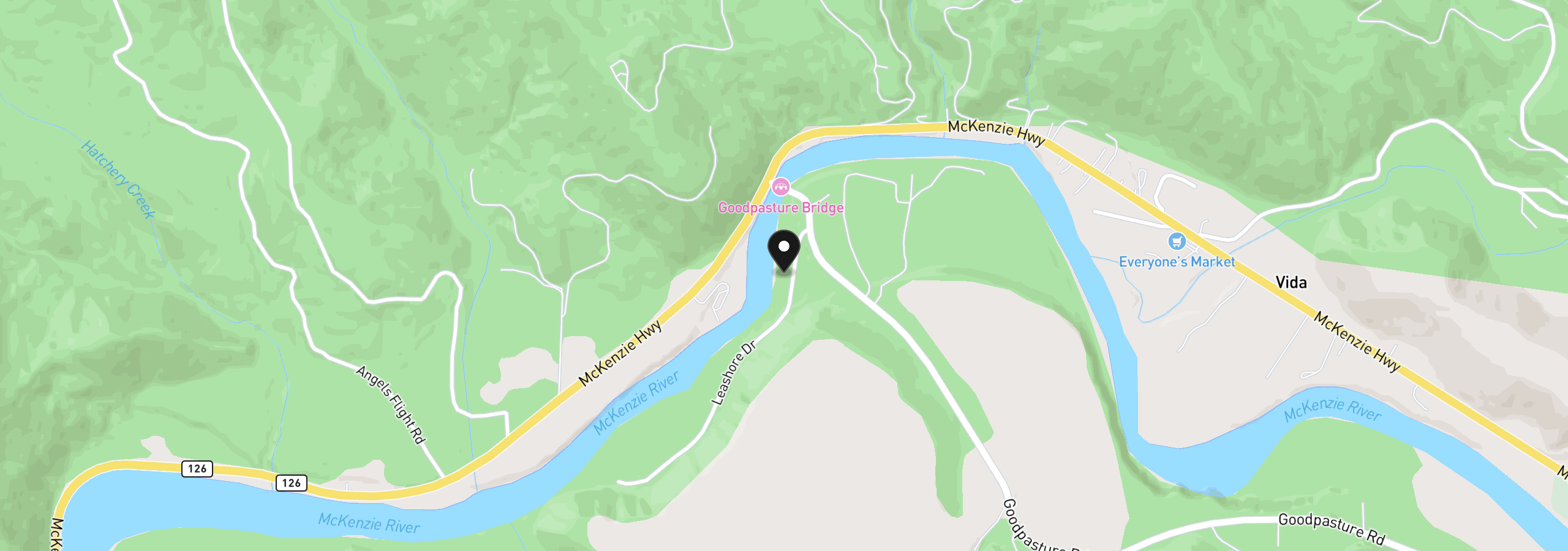Map showing the location of 91050 Leashore Dr, Vida, OR 97488