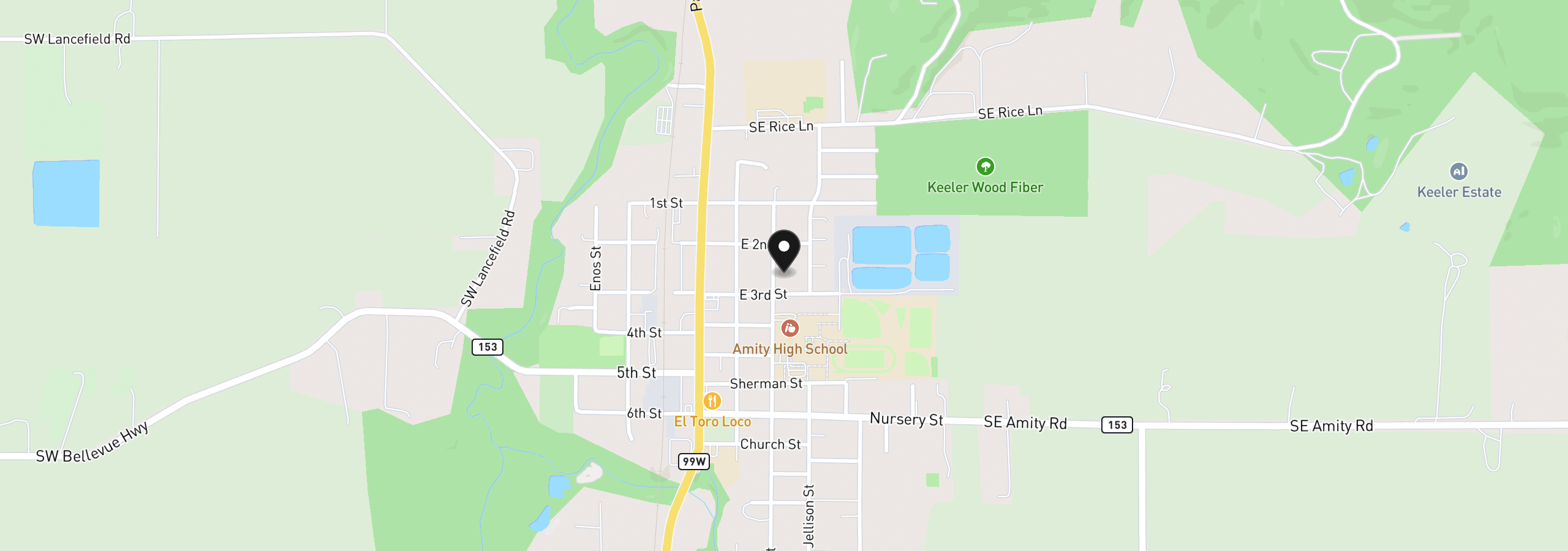 Map showing the location of 211 Oak St, Amity, OR 97101