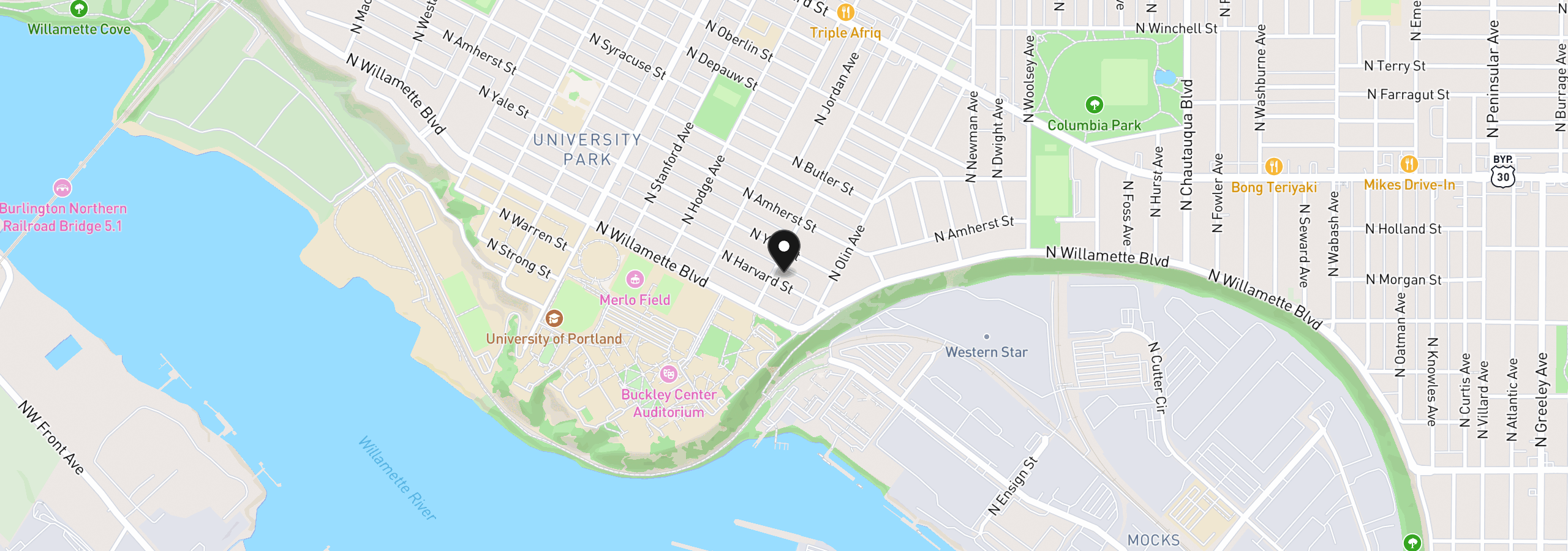 Map showing the location of 4789 N Harvard St, Portland, OR 97203