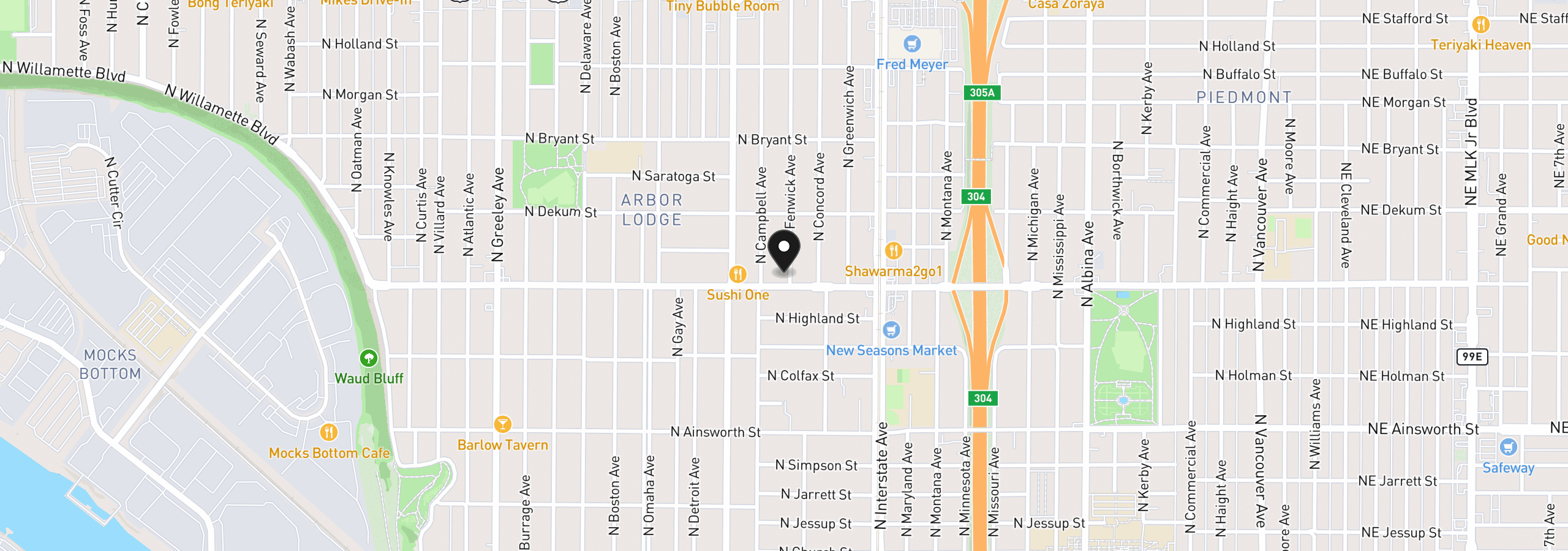 Map showing the location of 1801 N Rosa Parks Way 201, Portland, OR 97217