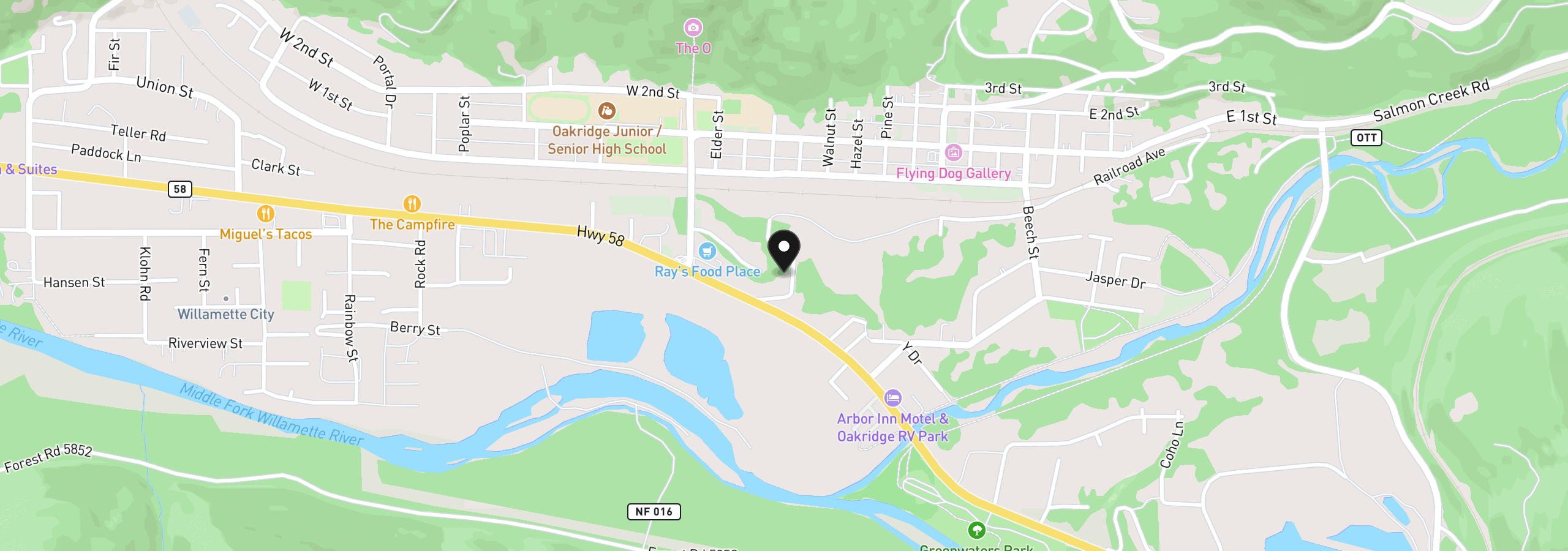 Map showing the location of 76336 Willamette Way, Oakridge, OR 97463