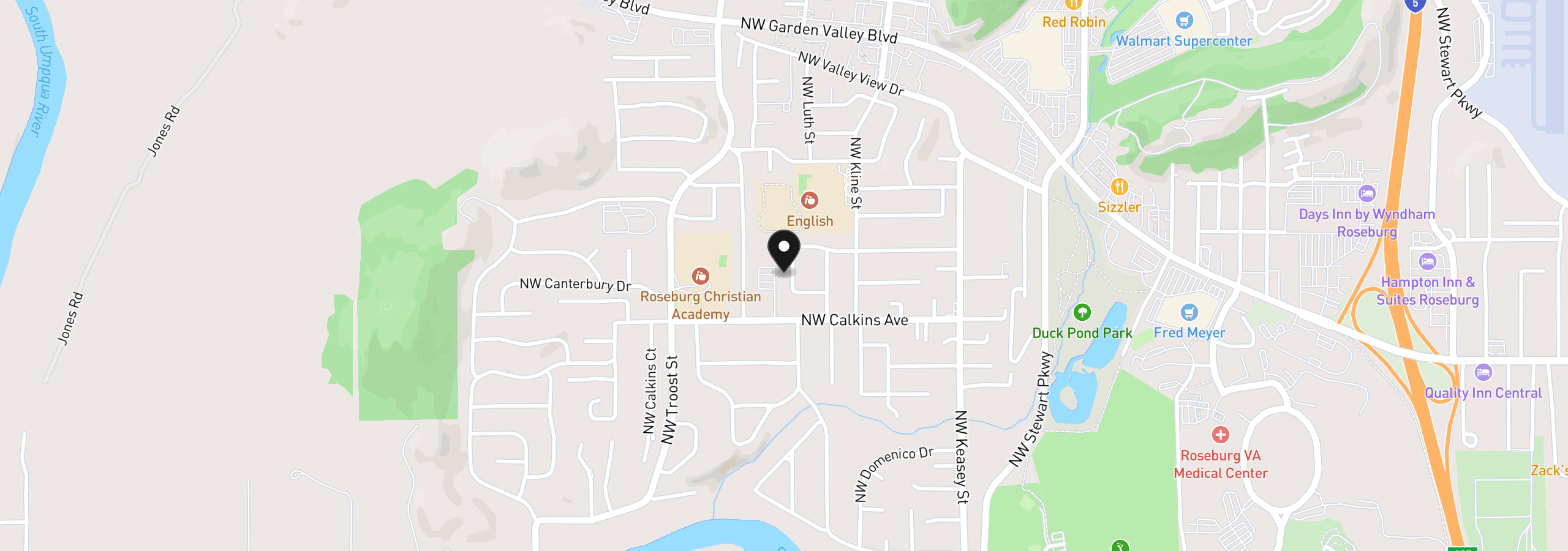 Map showing the location of 1676 NW Apache Dr, Roseburg, OR 97471