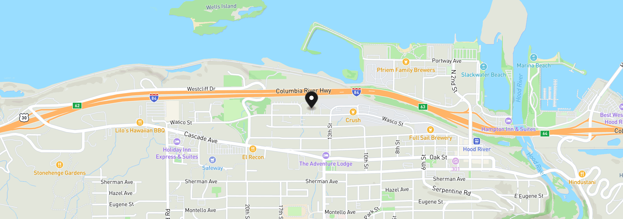Map showing the location of 1332 Wasco St, Hood River, OR 97031