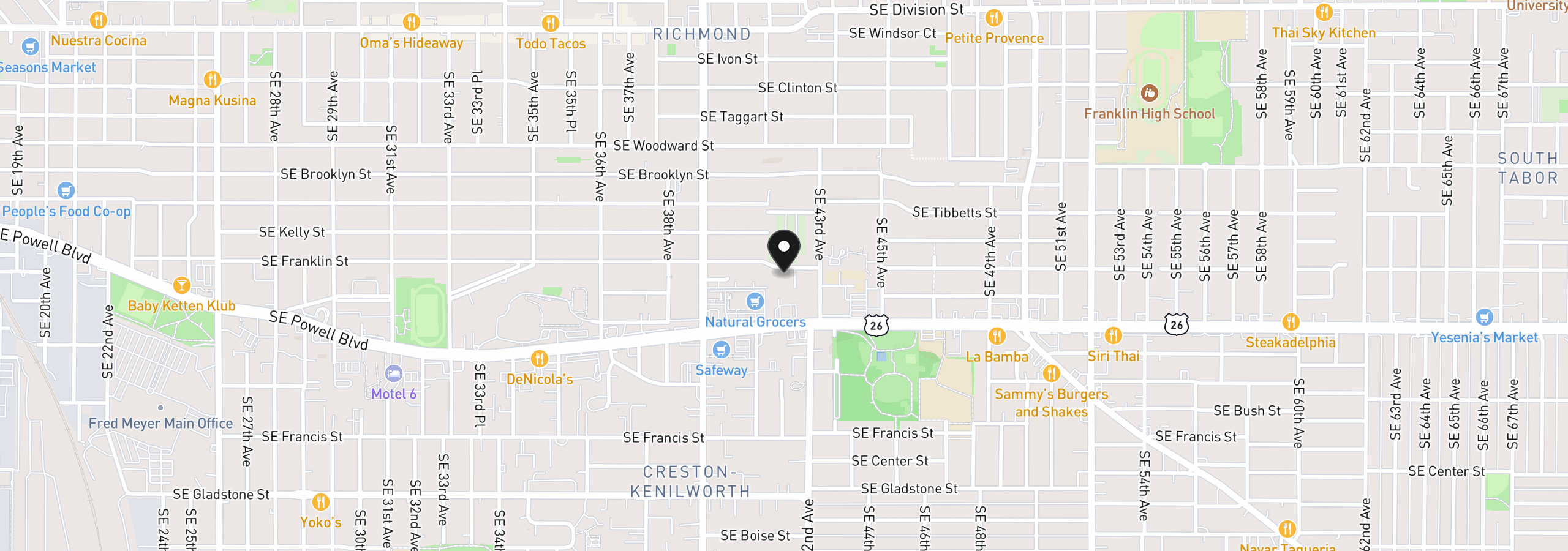 Map showing the location of 4128 SE Franklin St, Portland, OR 97202