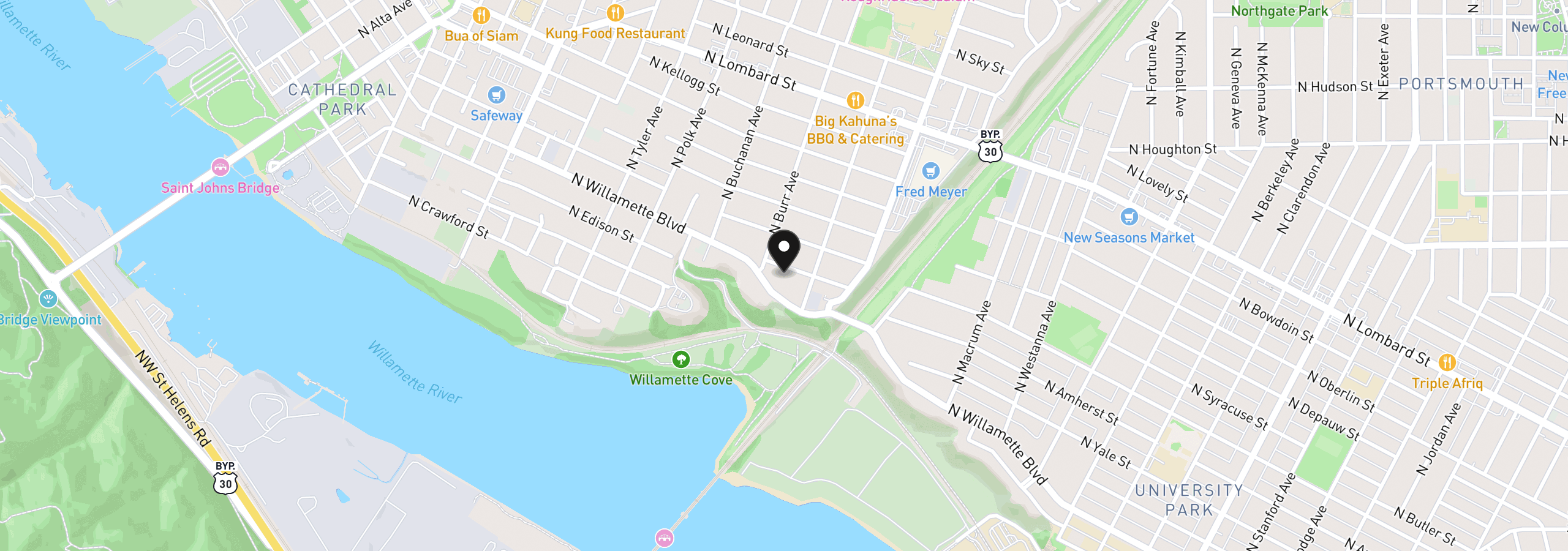 Map showing the location of 7206 N Amherst St, Portland, OR 97203