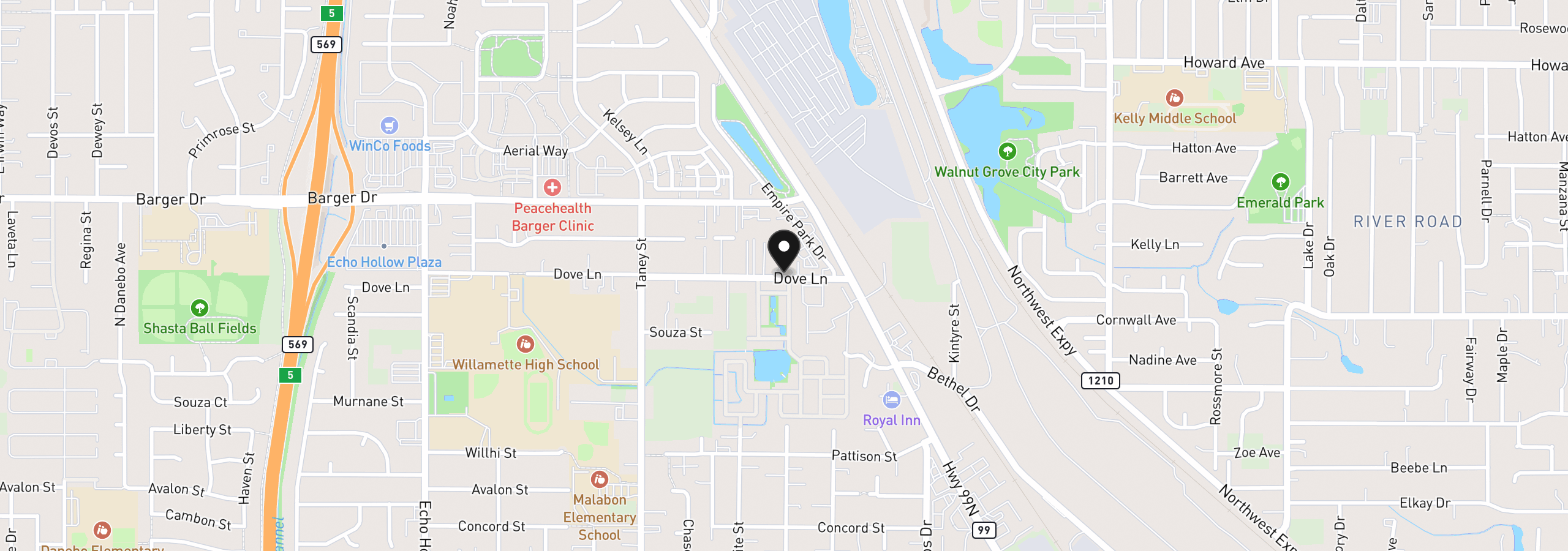 Map showing the location of 1800 Lakewood Ct 107, Eugene, OR 97402