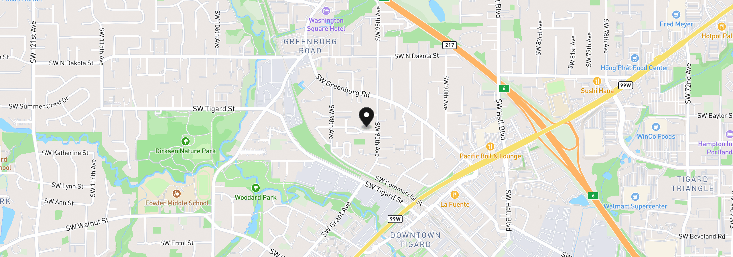 Map showing the location of 9575 SW Pihas St, Portland, OR 97223