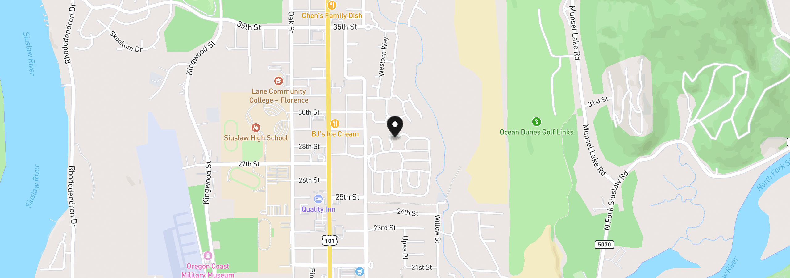 Map showing the location of 64 Outer Dr, Florence, OR 97439