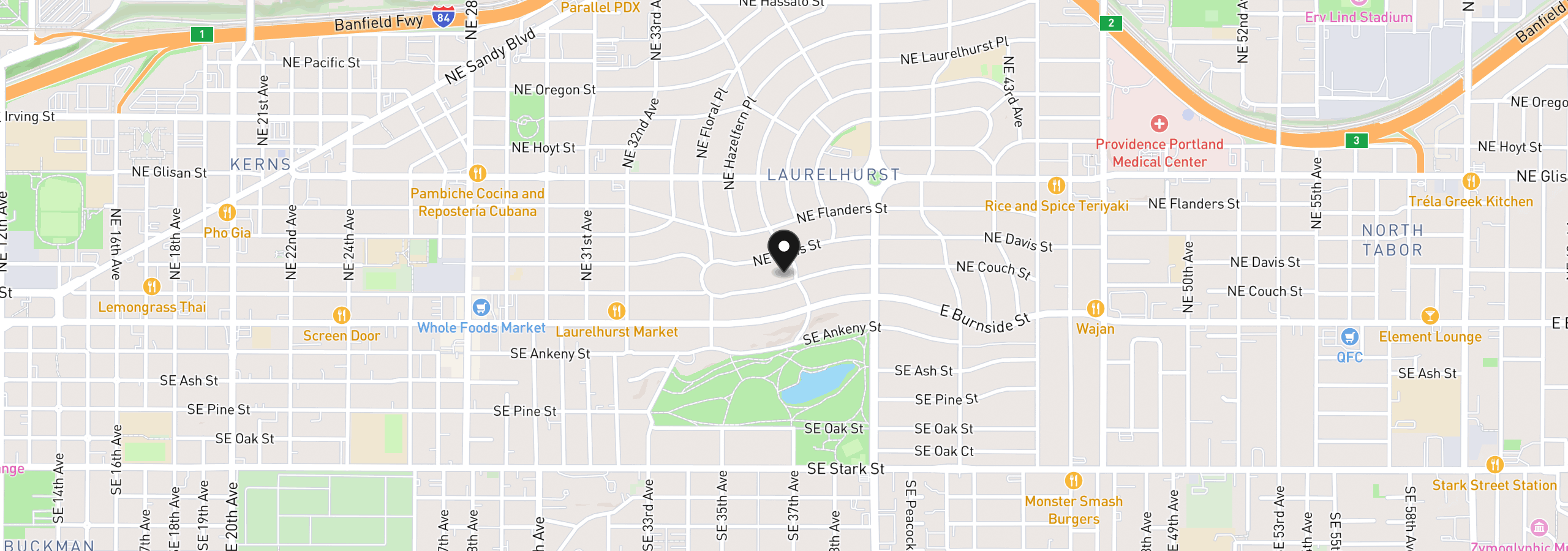 Map showing the location of 107 NE Laurelhurst Pl, Portland, OR 97232
