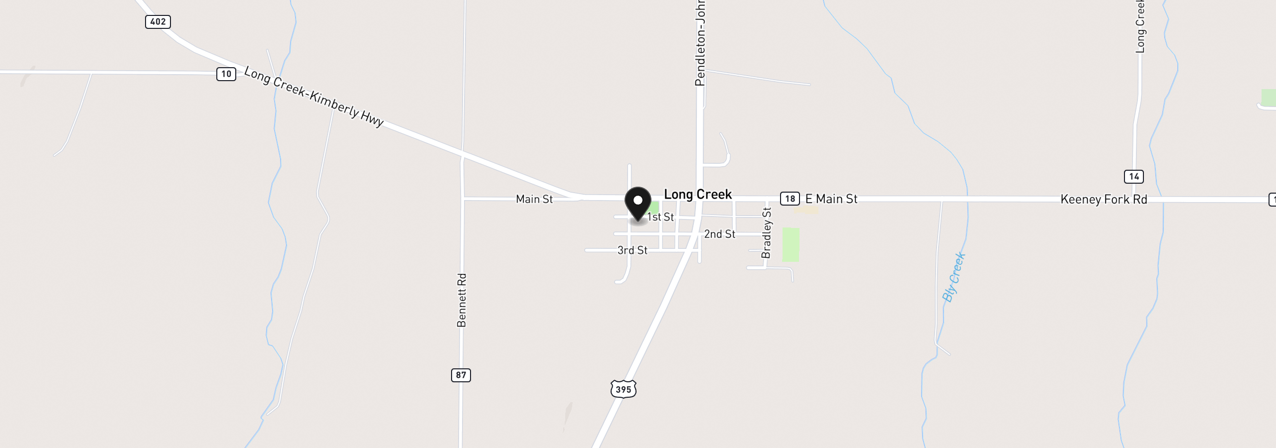 Map showing the location of 325 W 1st St, Long Creek, OR 97856