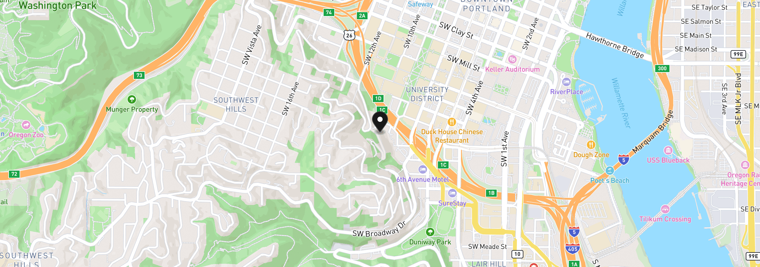 Map showing the location of 1240 SW Cardinell Way, Portland, OR 97201