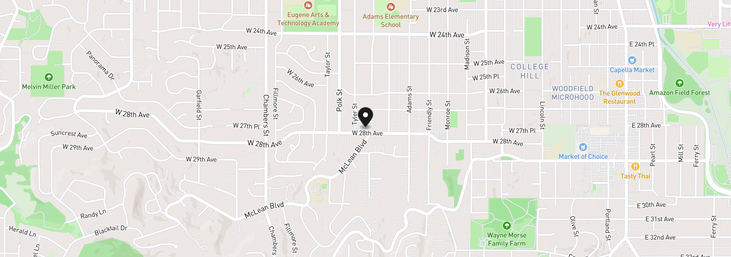 Map showing the location of 1125 W 28th Ave, Eugene, OR 97405