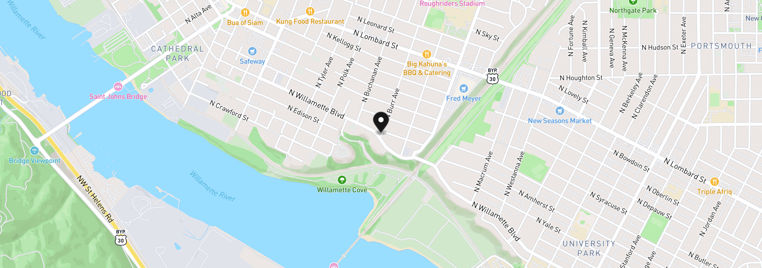 Map showing the location of 6957 N Burr Ave, Portland, OR 97203