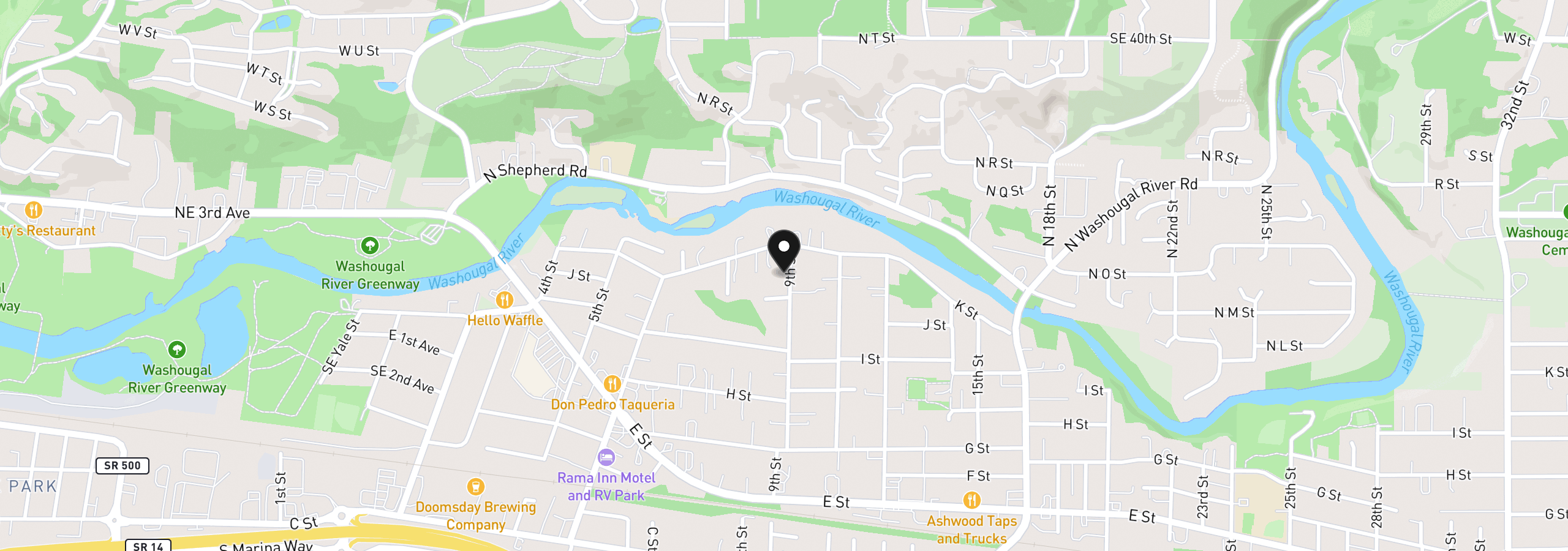 Map showing the location of 1065 9th St, Washougal, Wa 98671