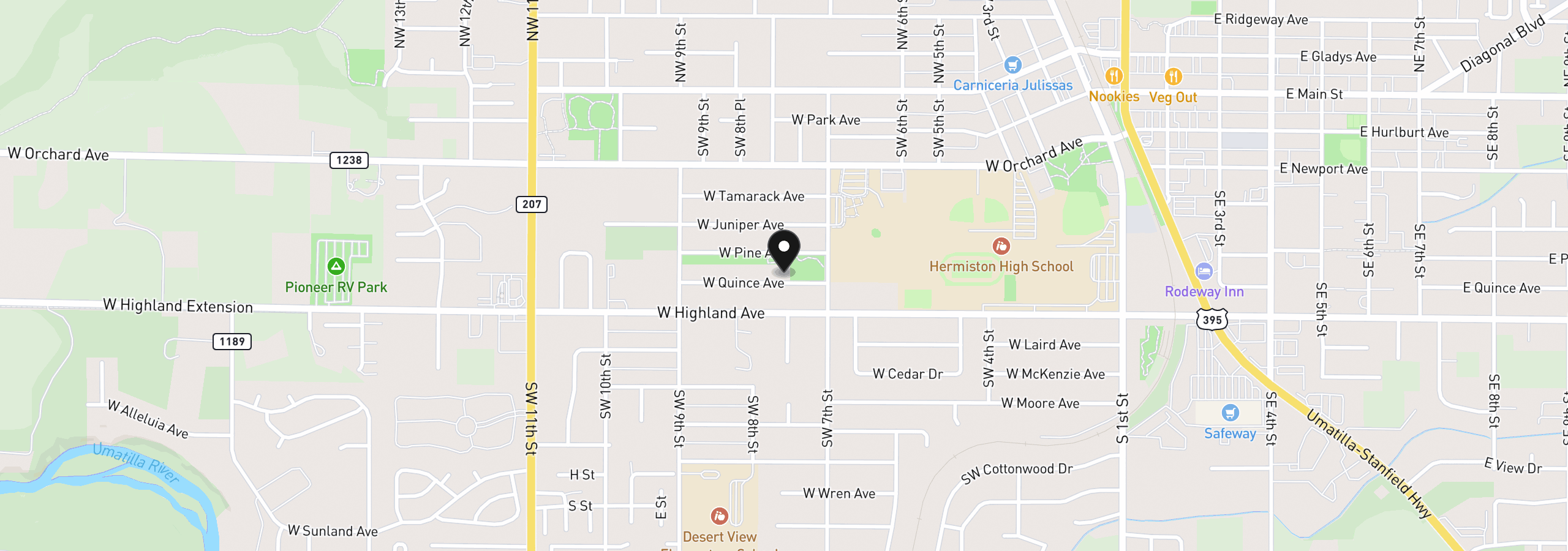 Map showing the location of 750 W Quince Ave, Hermiston, OR 97838