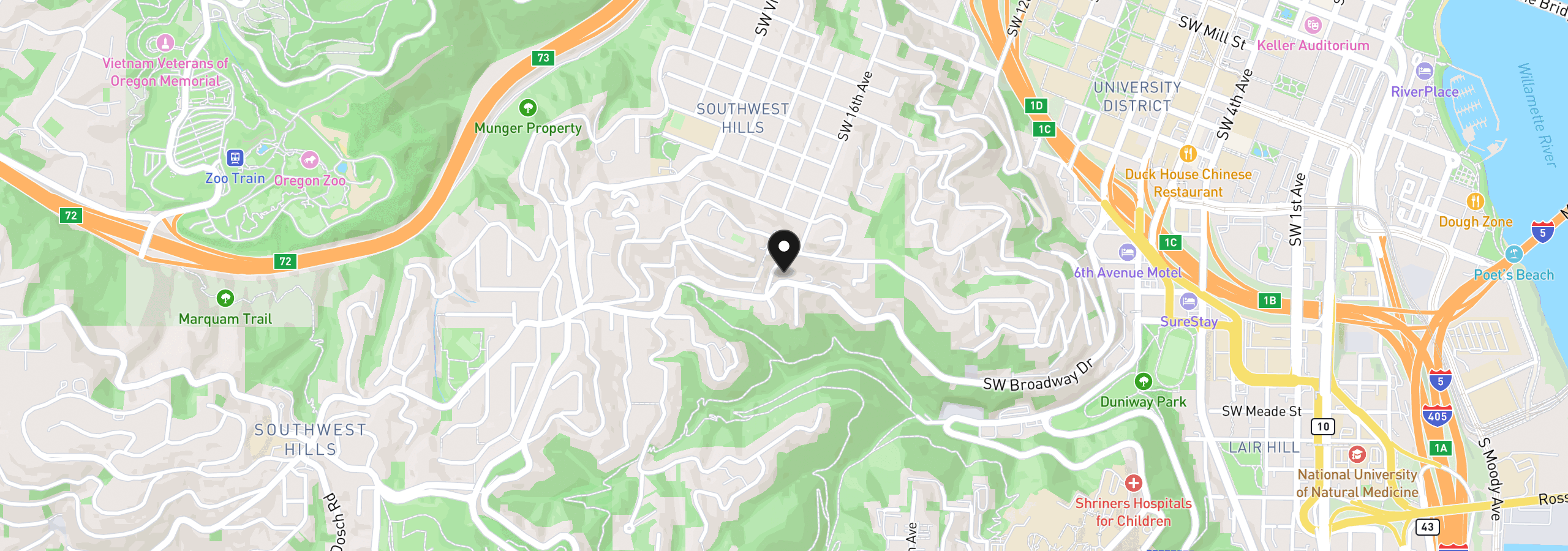 Map showing the location of 1617 SW Broadway Dr, Portland, OR 97201