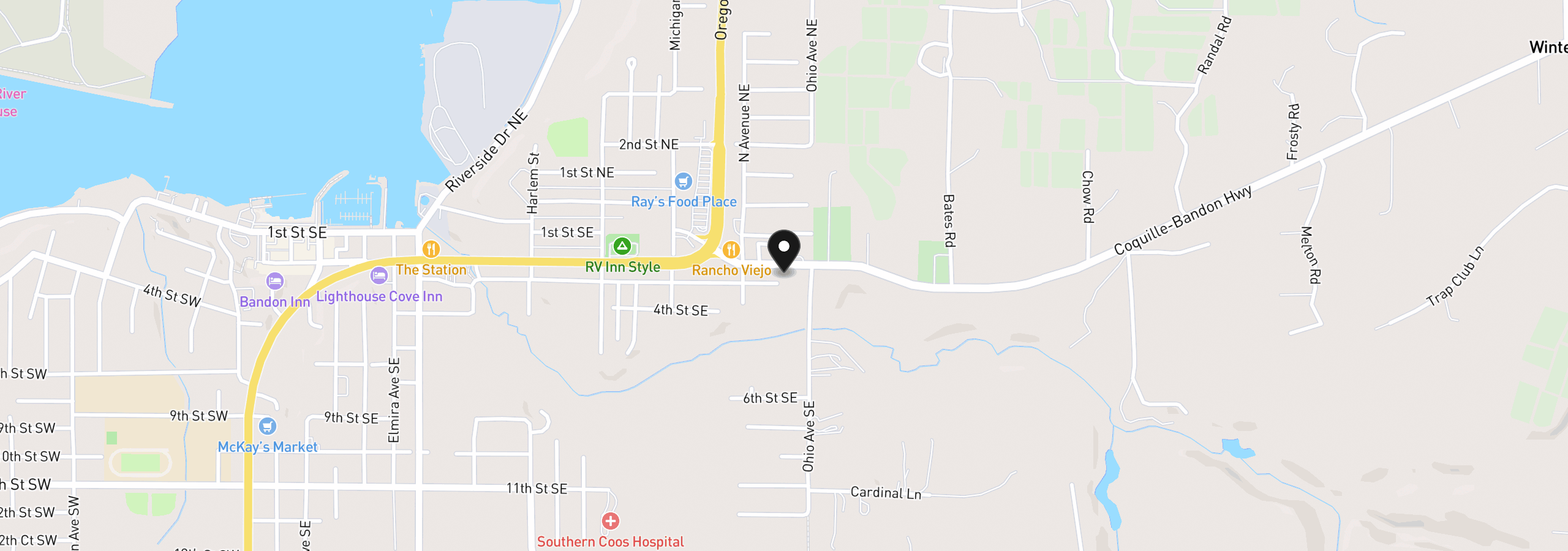 Map showing the location of 1168 2nd St, Bandon, OR 97411