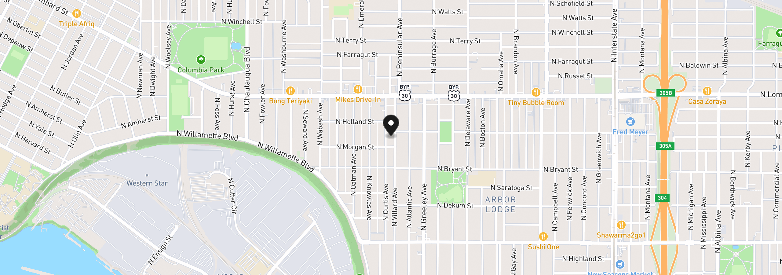 Map showing the location of 7128 N Curtis Ave, Portland, OR 97217